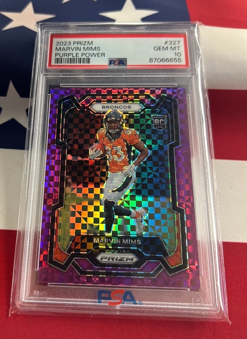 2023 Prizm Marvin Mims #327 Purple Power /49 RC Broncos PSA 10 GEM MT POP 3