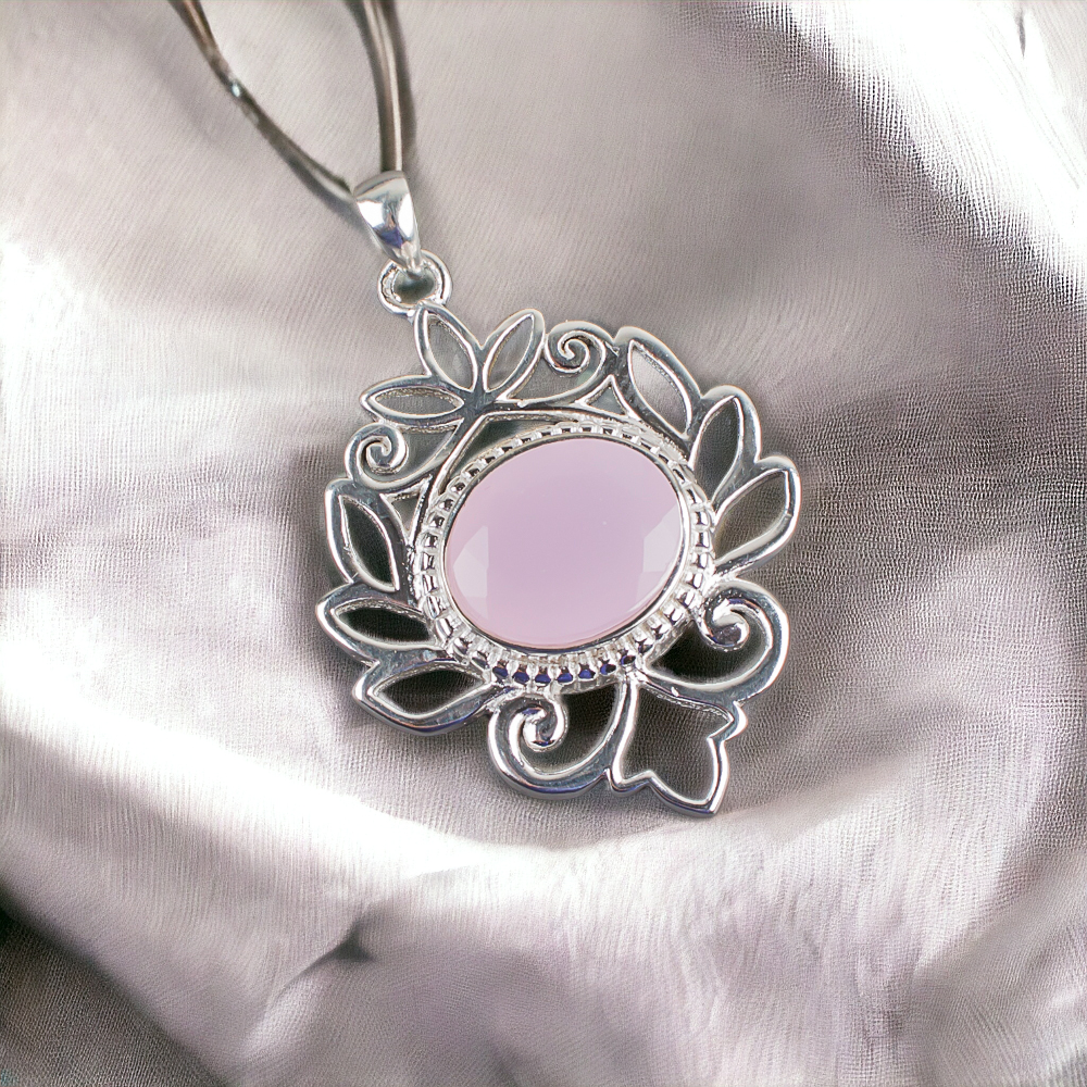 Gift For Women Pendant Handcarfted 925 Silver Natural Rose Chalcedony Gemstone