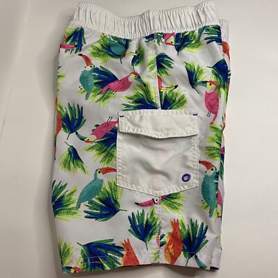 Cat & Jack Swim Shorts Boys Medium 8-10 White Pink Drawstring Birds Feathers