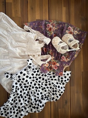 Carter's Girls 6-9M 3pc Dress Set Floral + Polka Dot Dresses + Shoes
