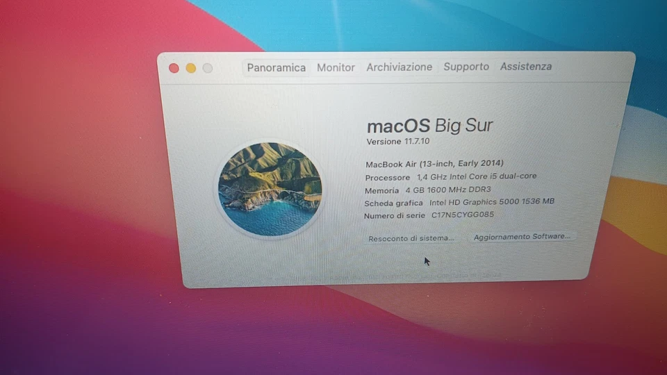 Macbook AIR A1466 14" 2014 I5 1,8Ghz 4gb 256gb nvme MACOSX MONTREY - Immagine 3 di 4