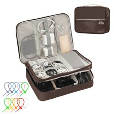Electronics Accessories Organizer Bag Waterproof Double Layer Tech Brown