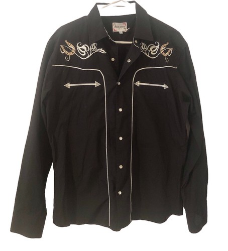 Ace of Diamond Embroidered Western Shirt Black Pearl Snap Rodeo Cowboy Size L