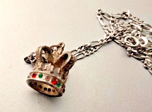 Silver 3D Royal Crown Necklace English Charm chain 20" pendant .5" petite stones