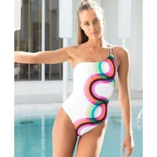 Trina Turk Kaleidoscope One Shoulder Swimsuit US 12 One Piece Designer Vacation 