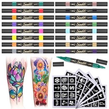 Temporary Tattoo Markers Kit, Dual-End 16 Colors with 80 Stencils for Body