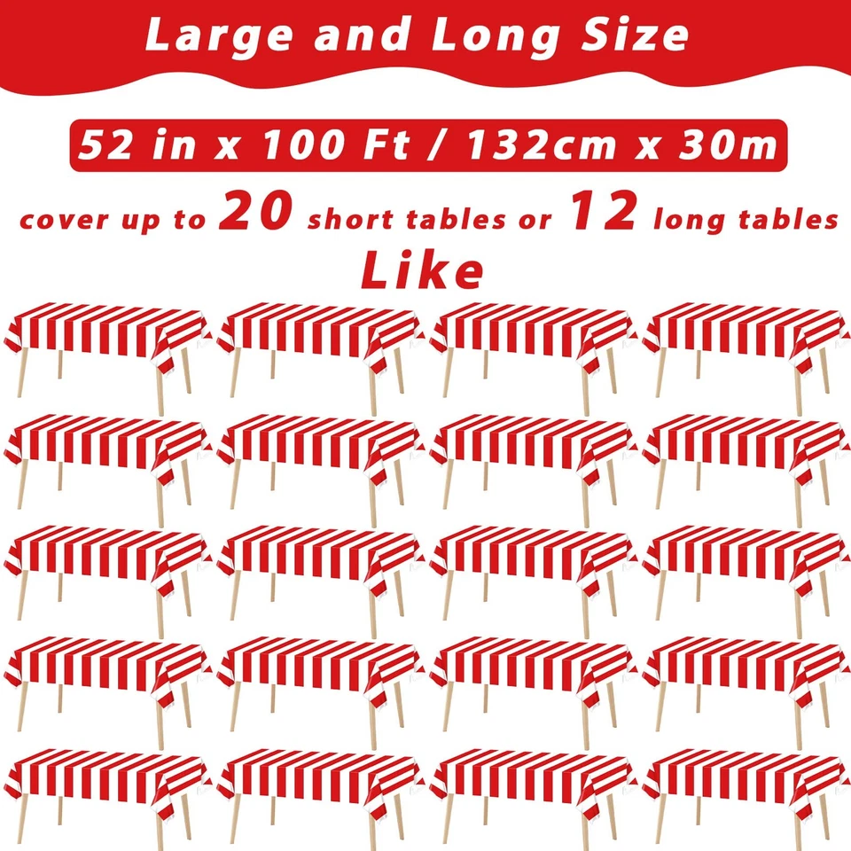 100Ft Long Tablecloth Roll Red and White Striped Tablecloth Carnival Circus T... - Image 2 of 4