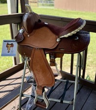 16" Western Barrel Saddle Rawhide Cantle Basketweave and Floral Tooling FQHB 363