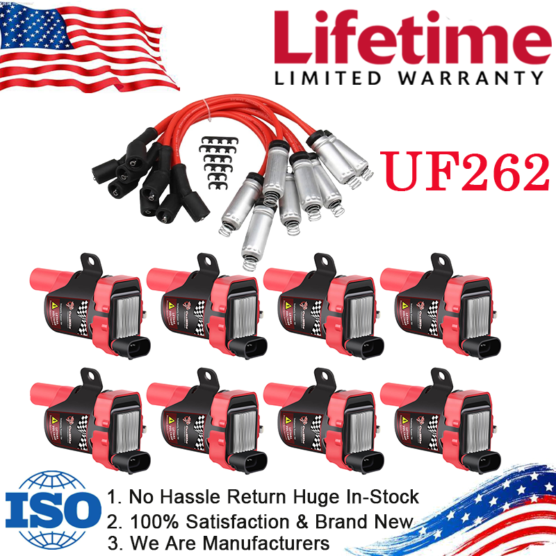 8XRound Ignition Coil & Spark Plug Wire Kit For Chevy Silverado GMC 4.8L UF262