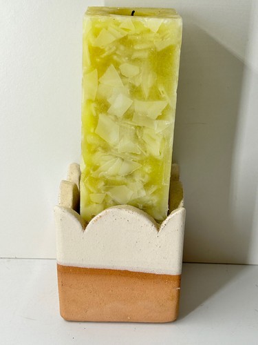 Large Yellow and Brown Square Pillar Candle in Hand Made Terracotta Pot