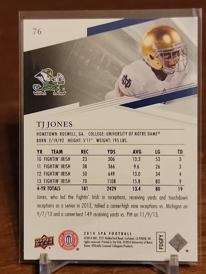 2014 SP Authentic #76 TJ Jones Notre Dame Fightin' Irish - Image 2 of 2