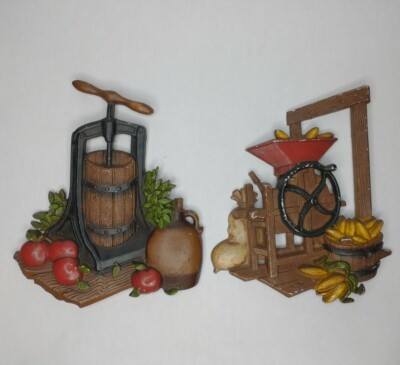 1978 Homco Metal Wall Hanging Lot Of Two Farm Kitchen Vegetables Theme