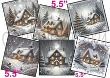 6 XL Card Toppers 5.5" CHRISTMAS LIGHTS COTTAGES Card Making/Tags UNIQUE COTTAGE