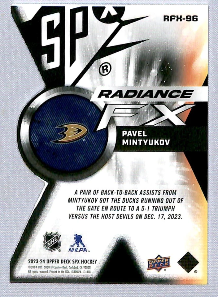 Pavel Mintyukov 2023-24 SPx Radiance FX Blue Rookie /299 #RFX-96 Anaheim Ducks - Image 2 of 2