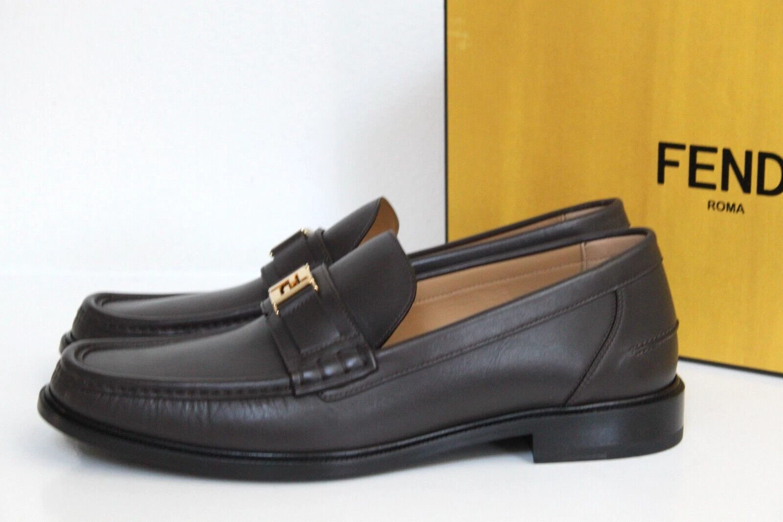 Mocassini piatti in pelle nuovi tg 11 10 FENDI marroni Ebano O'Lock FF logo scarpe uomo