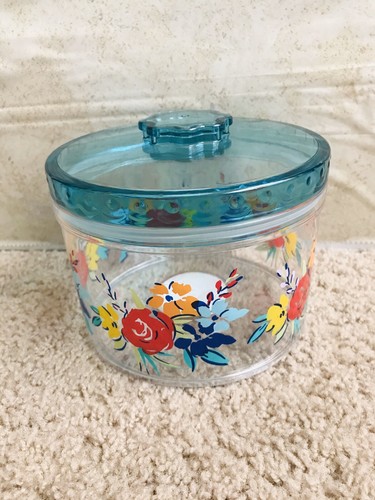 NUEVO Contenedor de dulces de galletas florales de cumpleaños para mujer pionera con tapa azul verde azulado - Imagen 1 de 5