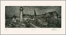 LIGHTHOUSE AT DUSK; FISHING VILLAGE Original IMPRESSIONIST ETCHING Signed