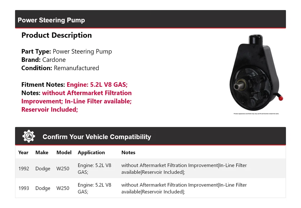 适用于 1992 - 1993 道奇 W250 5.2L V8 气体动力转向泵 Cardone — 第 2/4 张图片