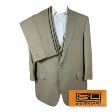 Steven Land 3 Piece Suit Mens 48R 40x24 Beige Plaid Flat Front Polyester Blend