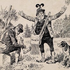 Karikatur Männerbildnis Jagdunfall Monogramm signiert Tusche Zeichnung 1894