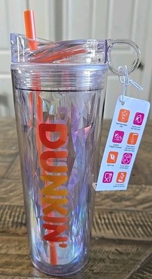NEW 2025 Dunkin 24oz Insulated Tumbler Acrylic Orange With Straw Brush Cleaner.