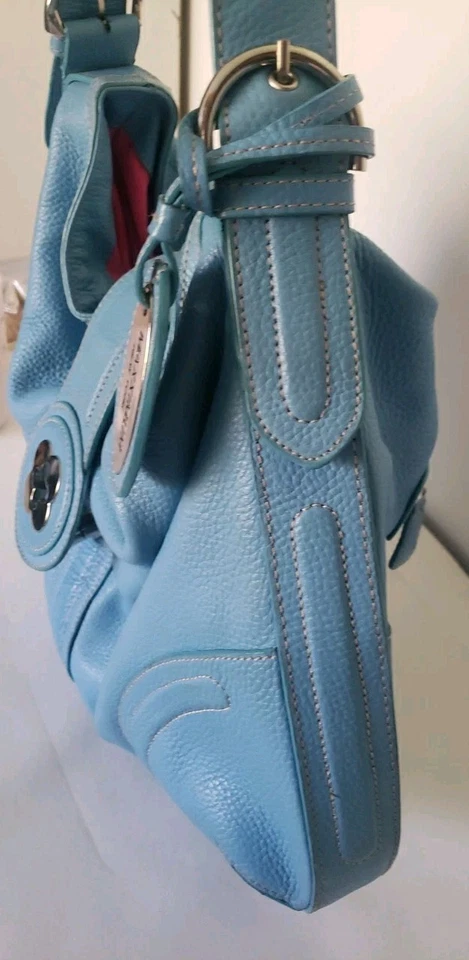 MAXXIMUM New York Beautiful Blue LEATHER Handbag Hot Pink Interior Silver... - Image 2 of 4