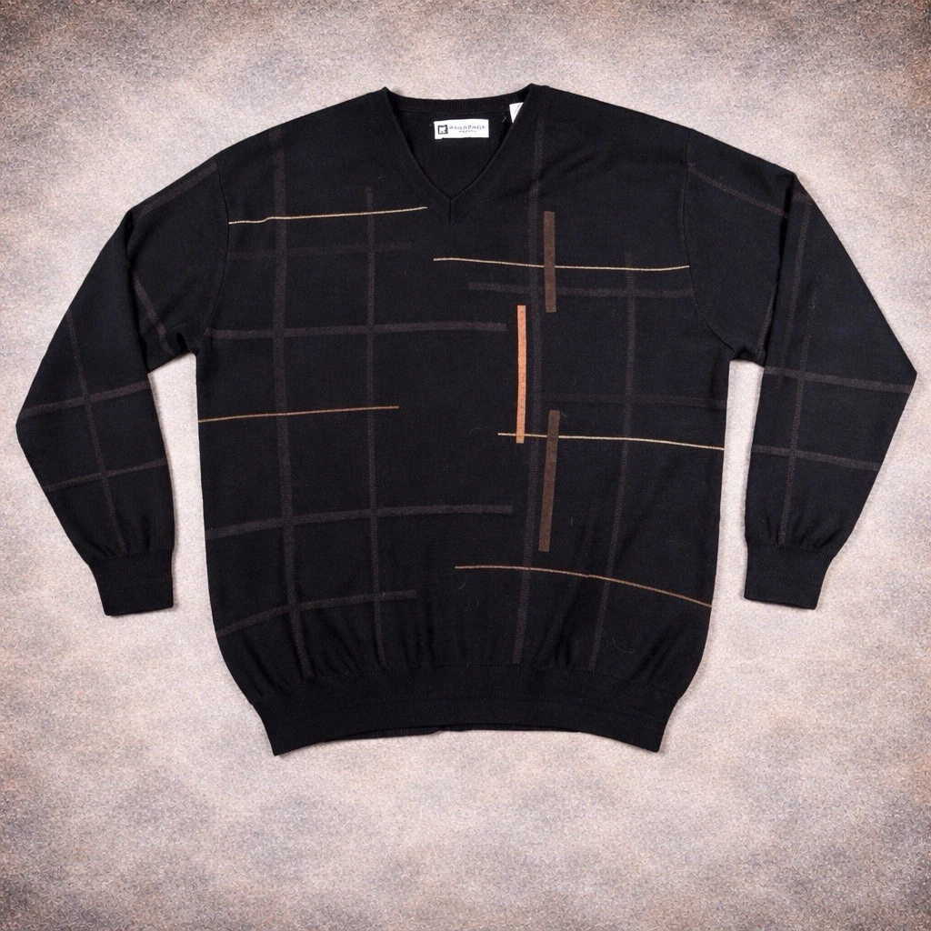 Vtg Bachrach Sweater Men Large Black Wool Blend Acrylic Striped 3D Knit Preppy