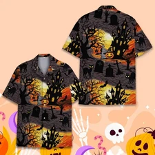 Unisex Halloween Haunted House Hawaiian Shirt–Black Cat Pumpkin Graveyard Print