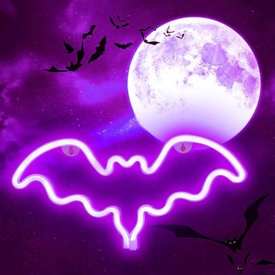 LED Neon Bat Signs Halloween Decor, Purple Bat Shape Neon Lights Gothic Battery