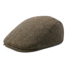 Men Wool Blend Flat Cap Tweed Newsboy Ivy Hat One Size Herringbone Khaki