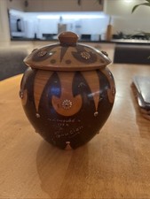 Vintage 1964 Hand Turned Wooden Pot With Lid . Engraved . Tabacco Pot ?6.5x6inch