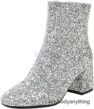 Womens Sequin Glitter Block Heels Side Zip Ankle Boots Formal Party Club Shoes