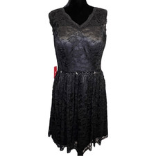 NWT JJs House Black Lace Floral Overlay V-Neck Sleeveless Beaded A-Line Dress 14