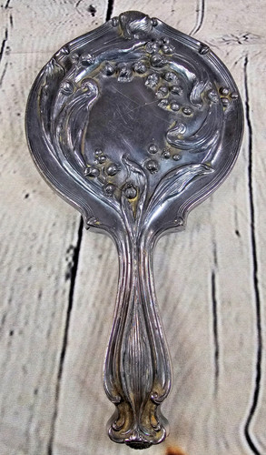 Antique Art Nouveau Lily of the Valley Hand Mirror Beveled Glass Tooled Flower