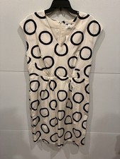 Banana Republic Size 14 White Black Circle Dot Silk V Neck Sheath Lined Dress