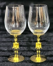 2 Gold Tone Nutcracker Stem Wine Glasses 9.5" Toy Soldiers Christmas Drummer Bar
