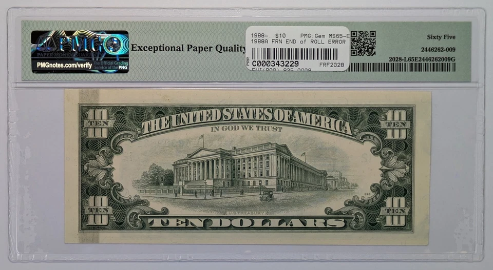 1988A $10 FRN San Francisco Fr#2028-L PMG 65 Gem UNC EPQ End of Roll Erorr - Image 2 of 3