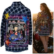 Upcycled Flannel Shirt Shacket Womens 1X Boop Motorcycle Grunge Patchwork Art