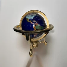 6” Blue Lapis Gemstone Globe Semi Precious Stone Inlay Brass Stand  No Compass
