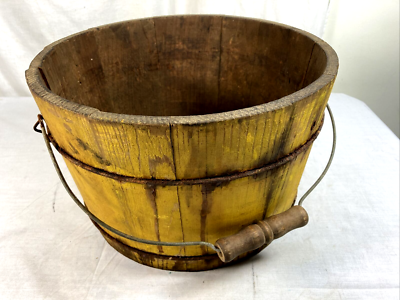 Antique HANDMADE WOOD BUCKET with Original Mustard Yellow Paint | eBay