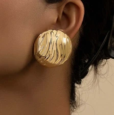 Gold Button Clip On Earrings Statement Light Chunky Textured Big Bold Hoop Dome
