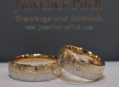 Ein Paar Trauringe Gold 585 Eismatt Bicolor Damenring mit Brillant 0,03ct