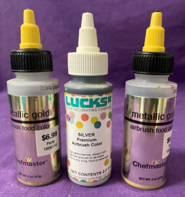 Metallic Food Colorant Airbrush Food Color Metallic Gold Silver 2 oz liquid bottles pack of 3 ...