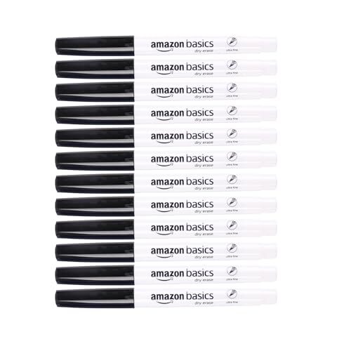 Amazon Basics Low Odor Ultra Fine Tip Dry Erase Whiteboard Markers, 12 Pack, ...