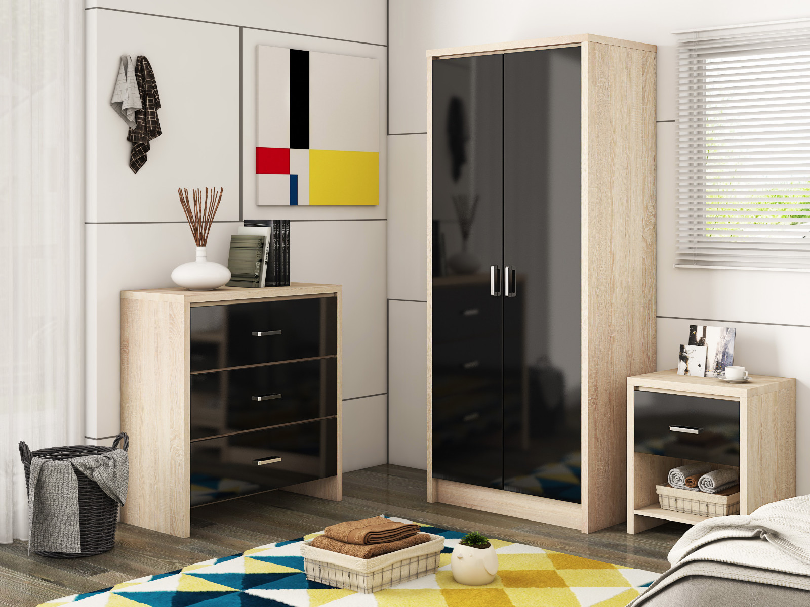 Bedroom Furniture Black Oak High Gloss Wardrobe 3 Drawer Chest