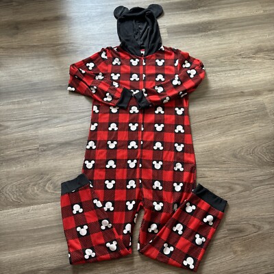 Disney 100 Buffalo Plaid Mickey One Piece Pajamas With Hood Unisex Size  Large