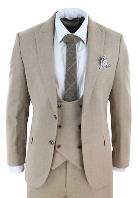 Herren 3-Teiler Beige Tweet Anzug Eiche Zweireiher Formell Maßgeschneidert Hochzeitsanzug