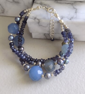 Natural Sodalite Facited Bracelet Solid Sterling 925 Silver Dolphin Clasp Chain