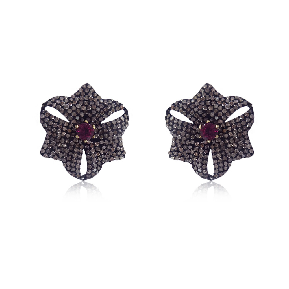 Tourmaline Pave Diamond Stud Earrings Handmade 925 Sterling Silver Gift  -image
