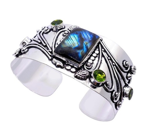 Labradorite & Peridot Cut Gemstone Bangle 925 Sterling  Labradorite Peridot 925 Sterling Silver Cuff Bracelet display picture 1
